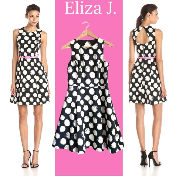 ELIZA J Black White Polka Dot Aline Babydoll Dress Sleeveless Triangle Back Belt - Picture 1 of 12